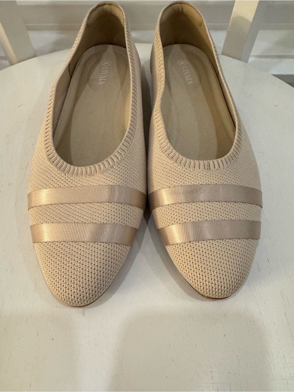 VIVAIA Knit Ballet Flats Champagne Beige Satin Ribbon EU 42 approx 11 - 11.5 US